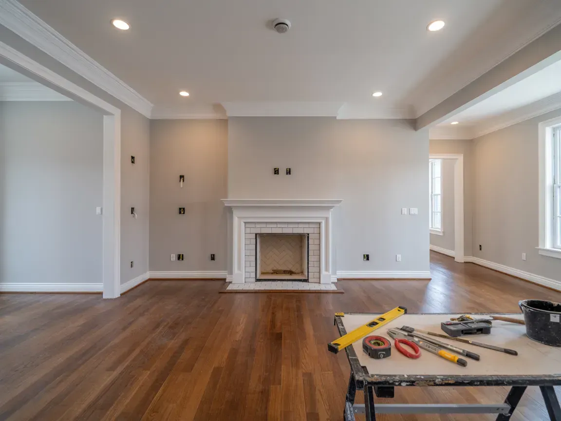 Empty living room with hardwood floors, white walls, a fireplace, and tools on a workbench in the foreground