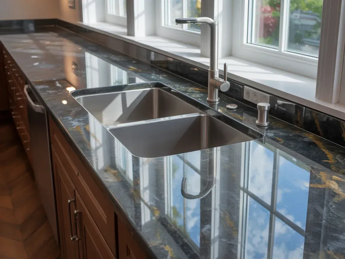 Modern kitchen with glossy black granite countertop, double sink, and windows reflecting light