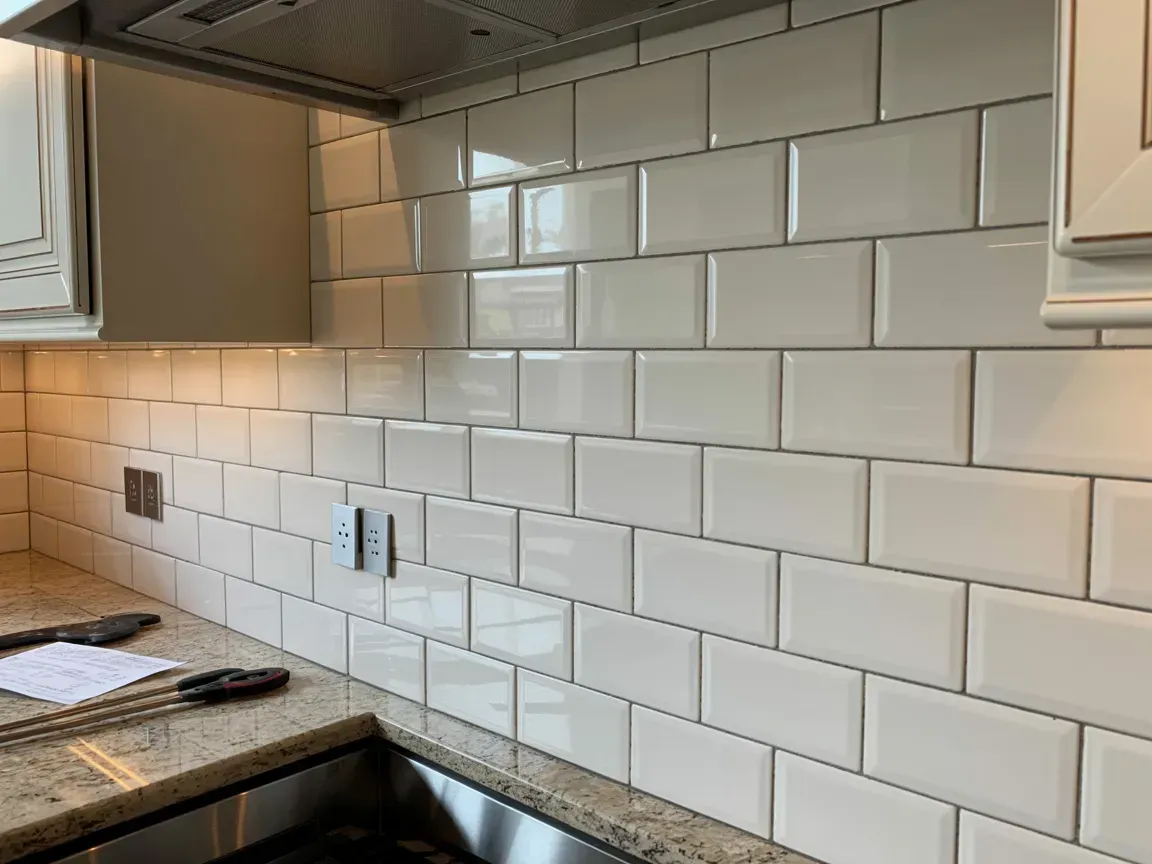 White subway tile backsplash in a kitchen under a stainless steel range hood, with granite countertop.