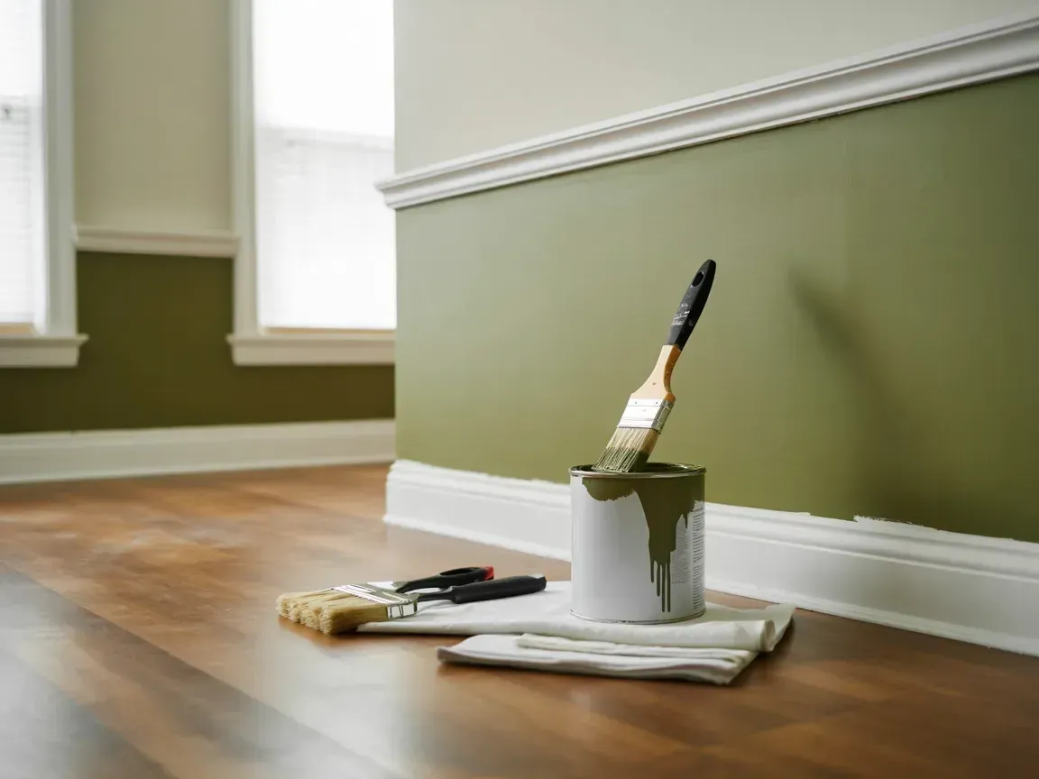 Paintbrushes and a small tray on a cloth beside a green wall in a room with hardwood floor