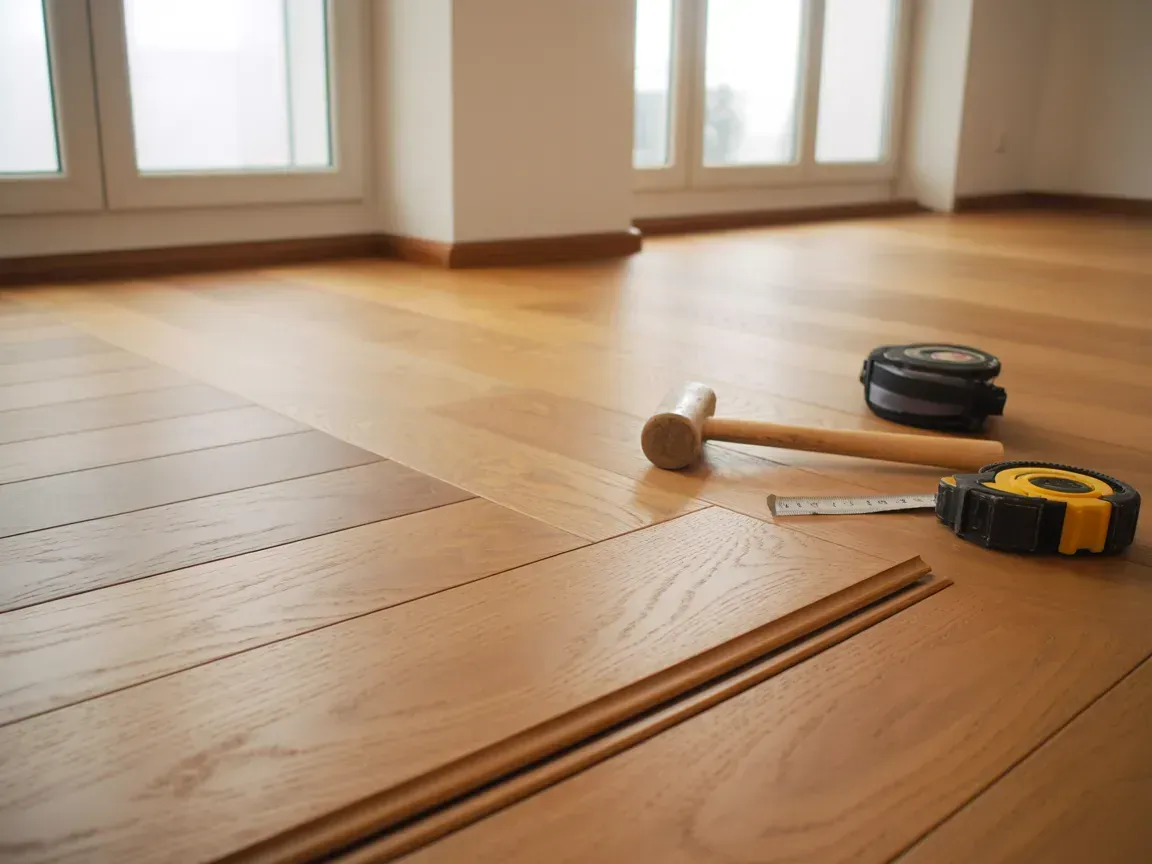 Hardwood floor with a hammer, measuring tape, tape roll, and long wooden strips near bright windows