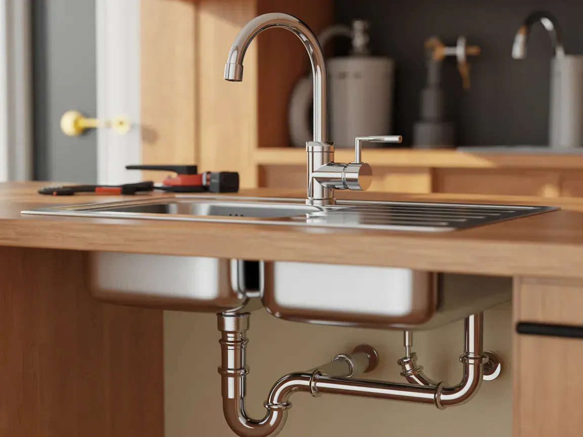 Modern kitchen sink with chrome faucet and exposed plumbing under a wooden countertop