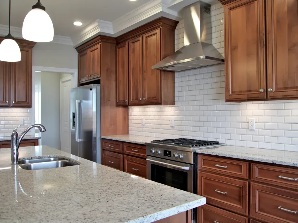 Modern kitchen with wooden cabinets, stainless steel appliances, and a white granite island countertop
