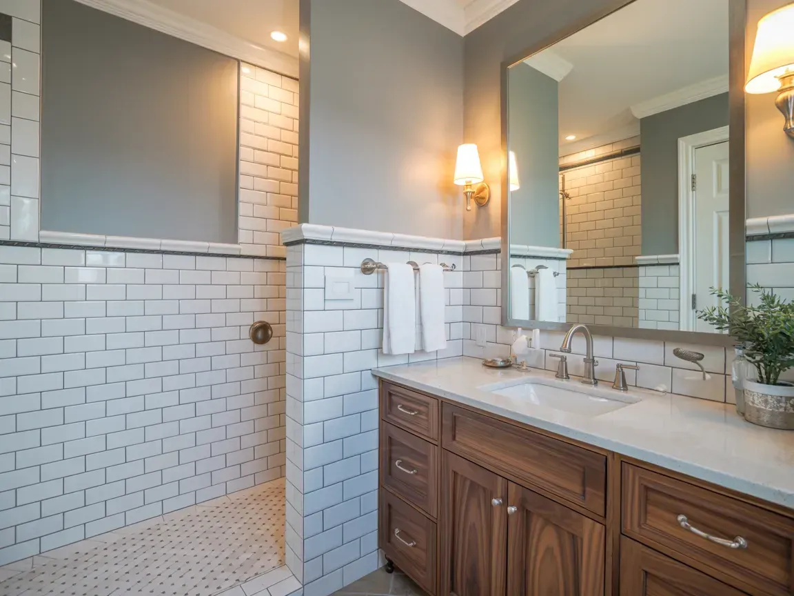 Bright bathroom with white subway tile, glass shower, and wood vanity with double sinks.