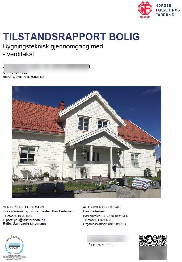 Forside for tilstandsrapport for bolig med bilde av hvitt hus med rødt tak