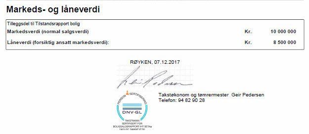 Markets- og låneoversikt med beløp og stempel/signatur nederst