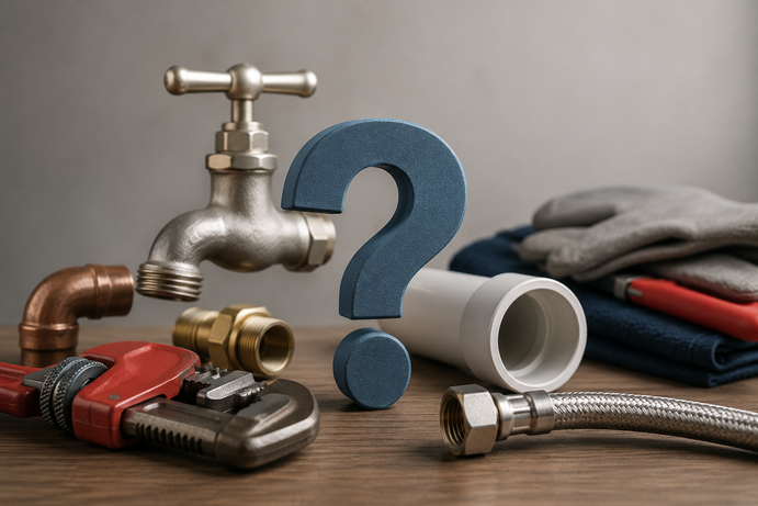 Assorted plumbing tools and pipes with a blue question mark on a wooden surface