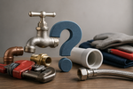 Assorted plumbing tools and pipe fittings beside a blue question mark on a workbench