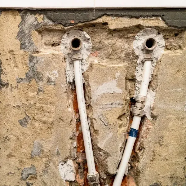Two exposed white pipes protrude from a rough, damaged wall with crumbling plaster.