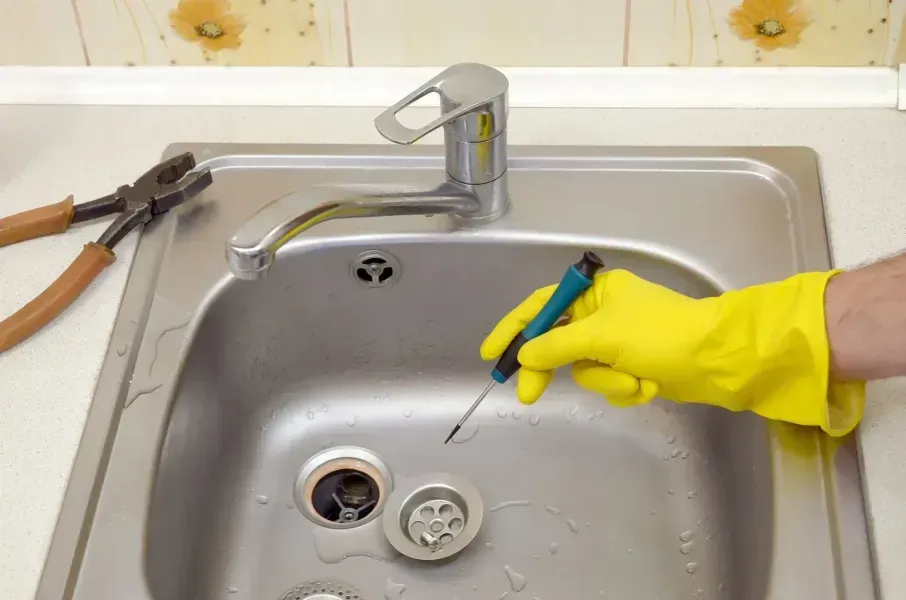 Gloved hand holding a wire over a kitchen sink drain, with pliers on the counter.