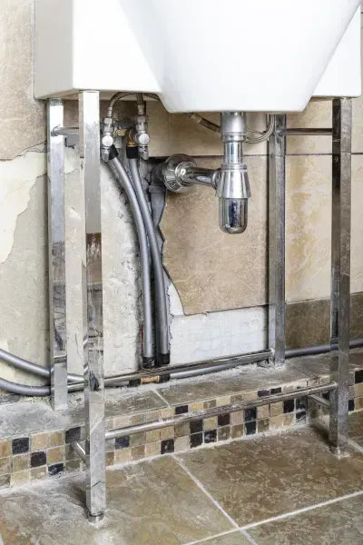 Under-sink plumbing and chrome support frame beneath a bathroom sink with beige tile floor.