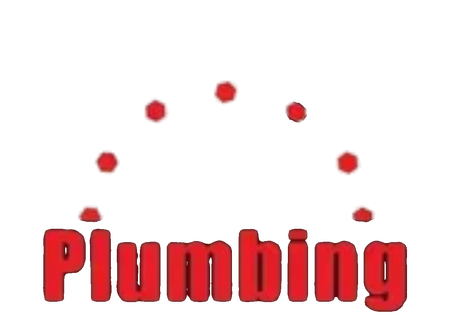 Red “Plumbing” text with red dots arcing above on a white background