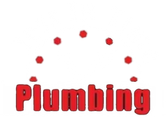 Red “Plumbing” text with red dots arcing above on a white background