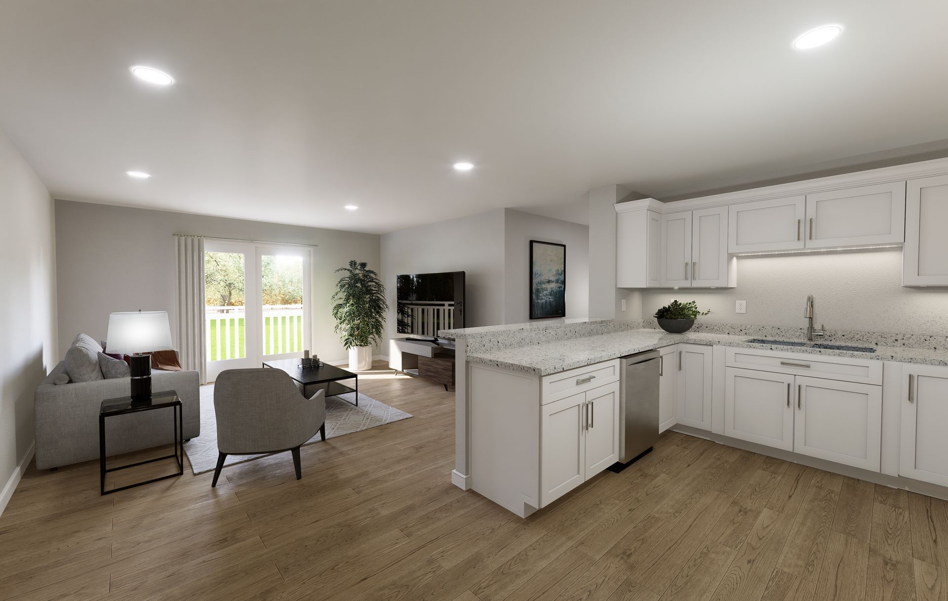 an artist 's impression of a living room and kitchen in a new home .