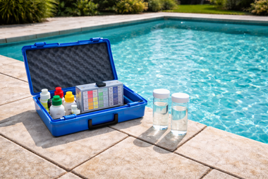 Blue pool testing kit open beside a pool; includes bottles, test strips, and water samples.