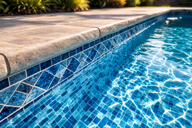 Close-up of a pool's edge, showing blue mosaic tiles, water, and a beige stone coping.