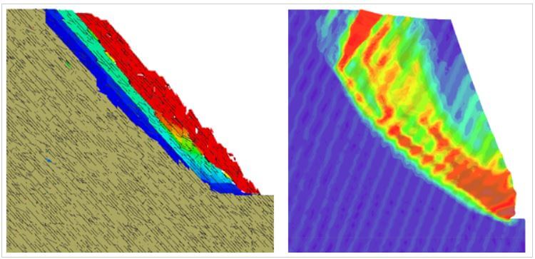 Figure 10 a) Sliding mechanism reproduced in a model using a Discontinuum/DFN approach b) Toppling mechanism reproduced in a model using a pseudo-discontinuum /DFN approach