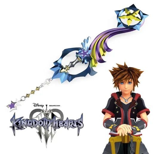 Sora from Kingdom Hearts, with his weapon, the Starlight Keyblade, and the series logo.