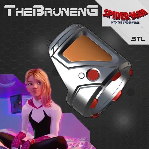 Gwen Stacy from Spider-Man: Into the Spider-Verse with a 3D-printed wrist device, set on a futuristic background.