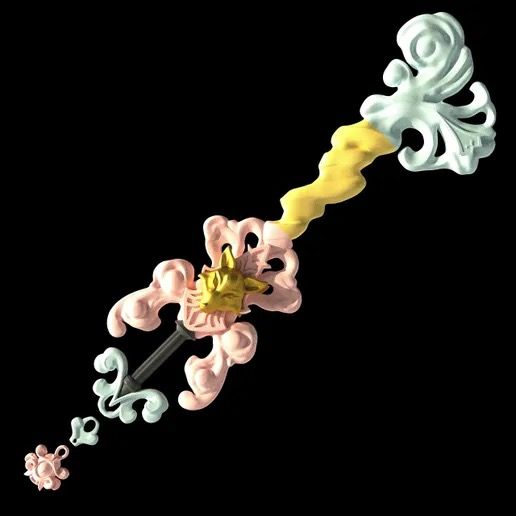 Keyblade with ornate handle in pink, yellow, and blue against a black background.