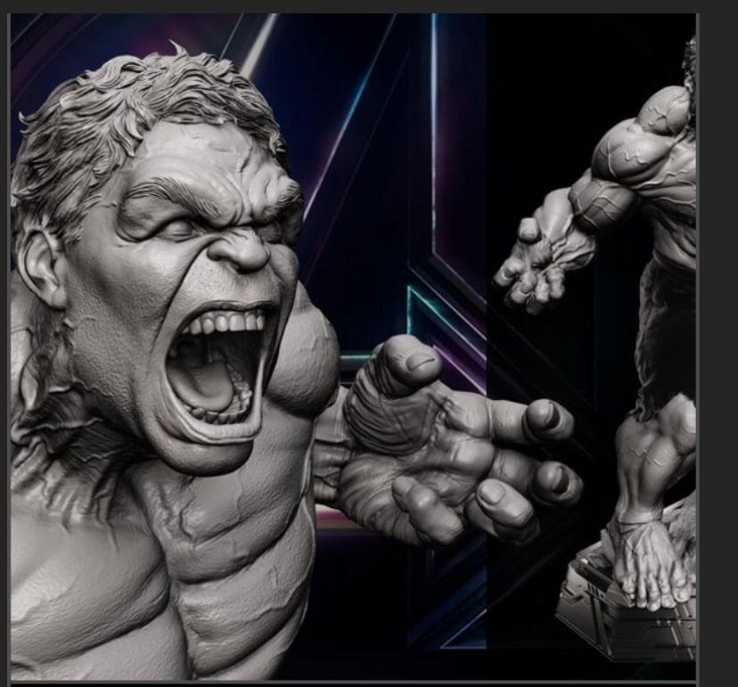 Hulk statue roaring with outstretched hand. Black, gray, and blue background; muscular physique.