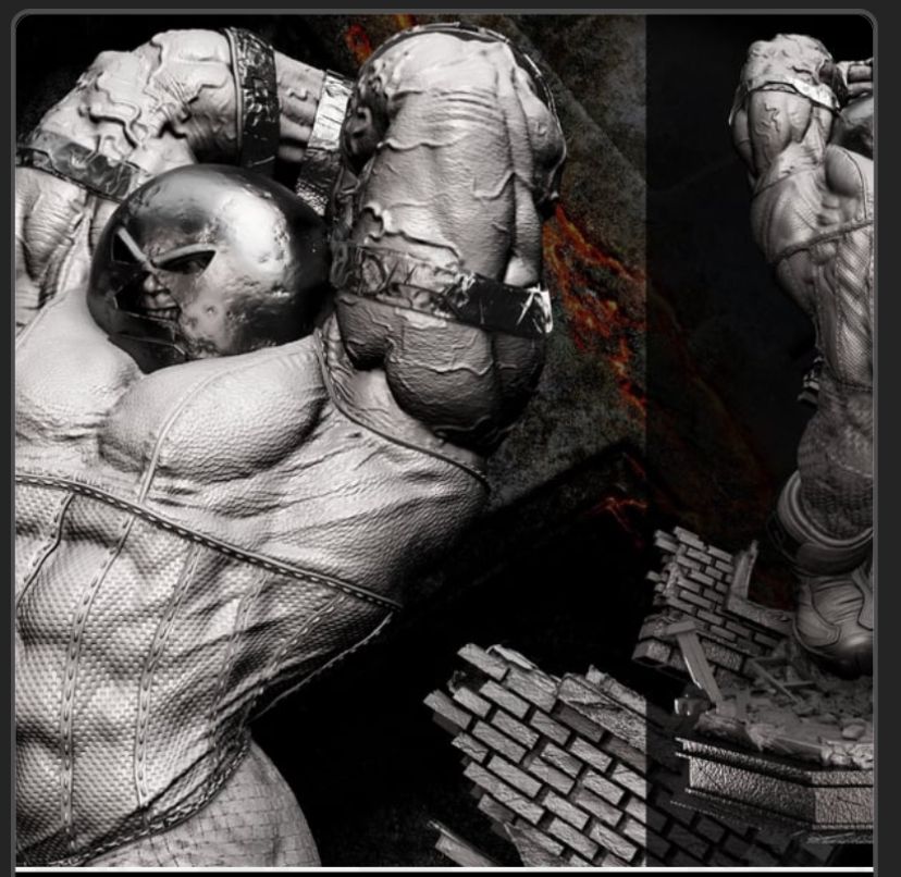 Bane statue, gray tones, large muscular figure in a mask and harness, posed among rubble.