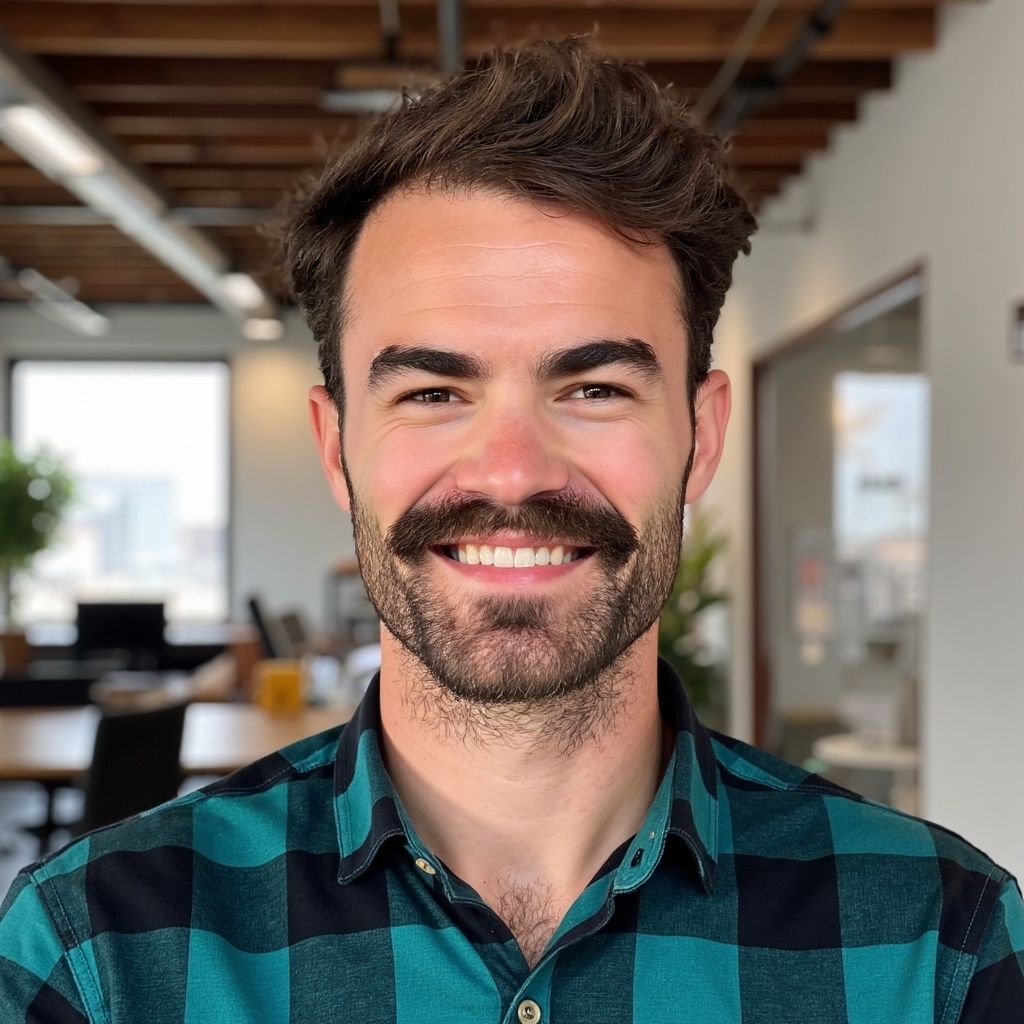 A smiling person with a mustache and beard, wearing a green and black plaid shirt in a brightly lit office setting.