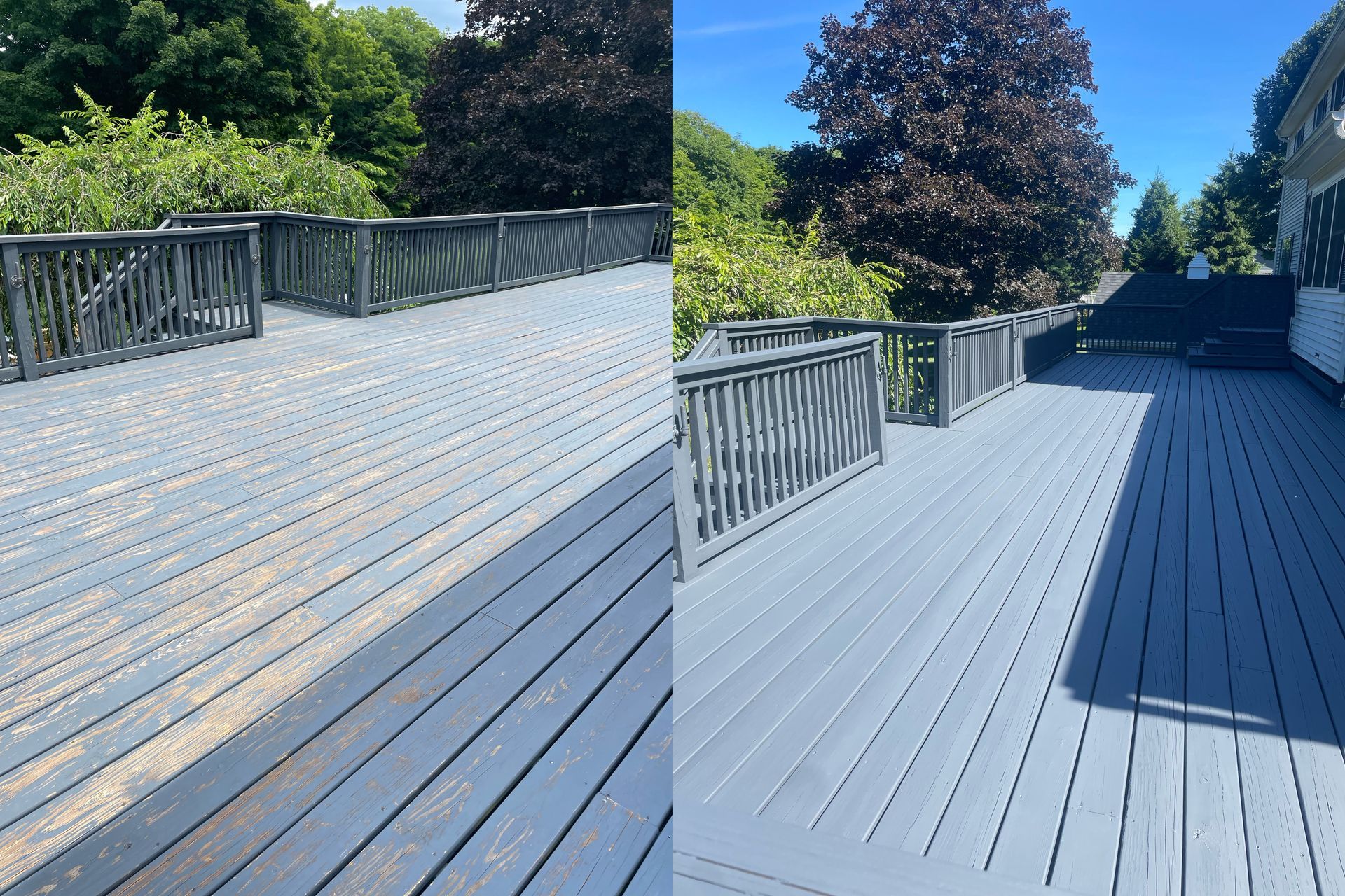 A side-by-side comparison showing a gray wooden deck before and after it has been freshly stained or painted.