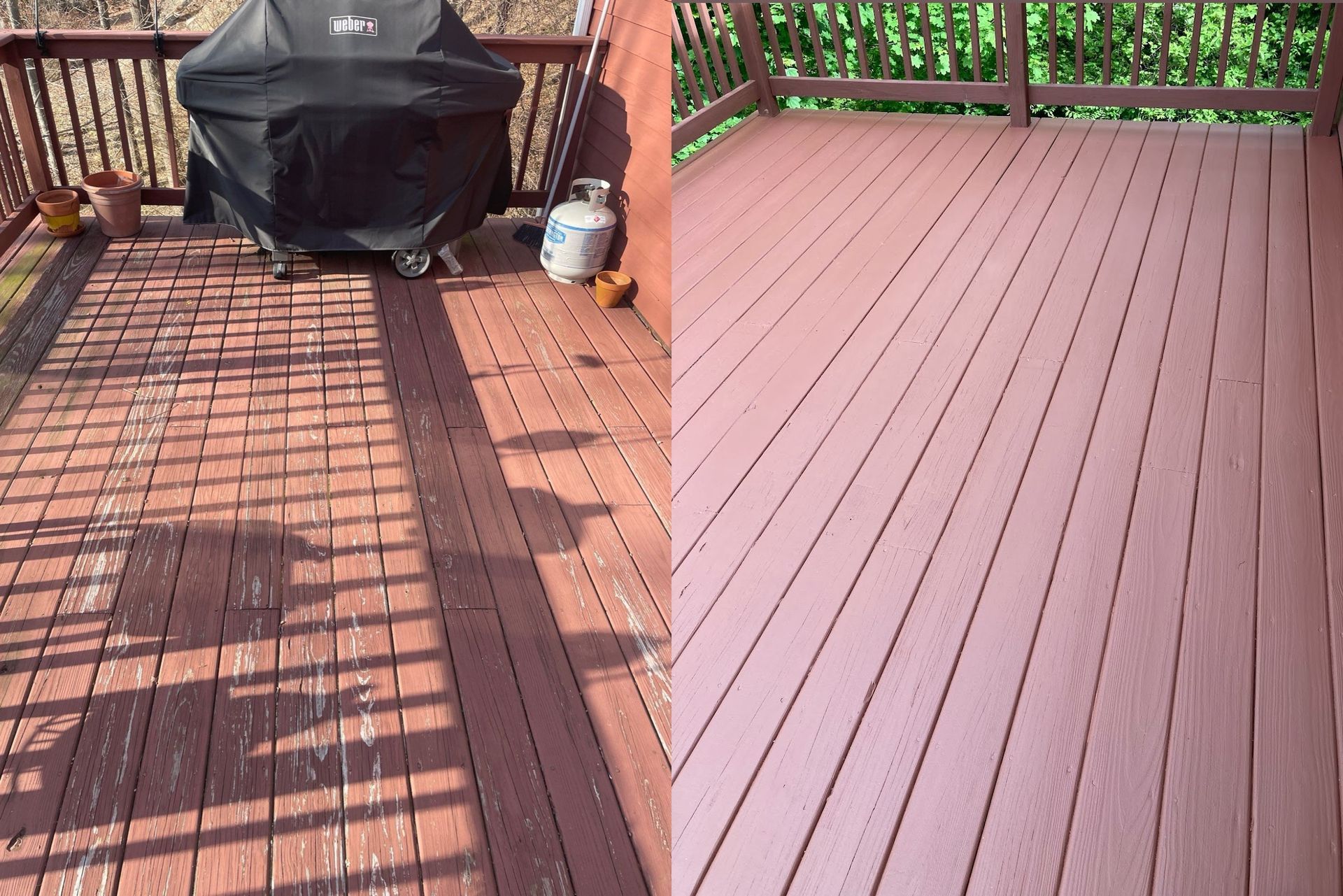 Split view of a wooden deck before and after cleaning, showing a faded, dirty surface on the left and a clean, red finish.