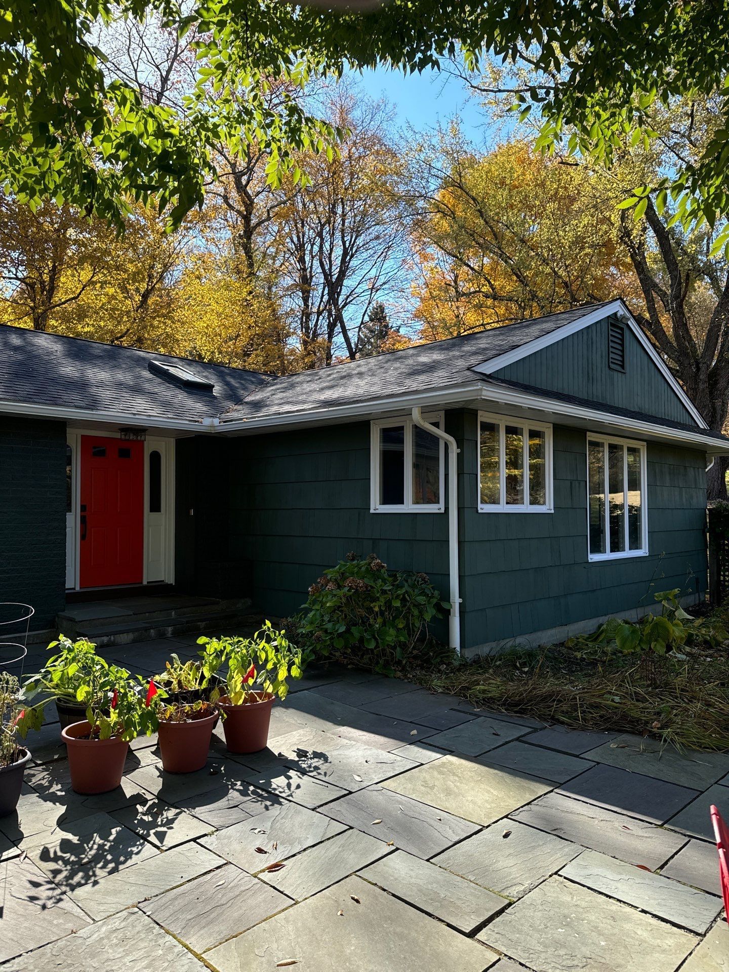 Dark green house with a bright red door and a stone patio, framed by trees with autumn foliage.