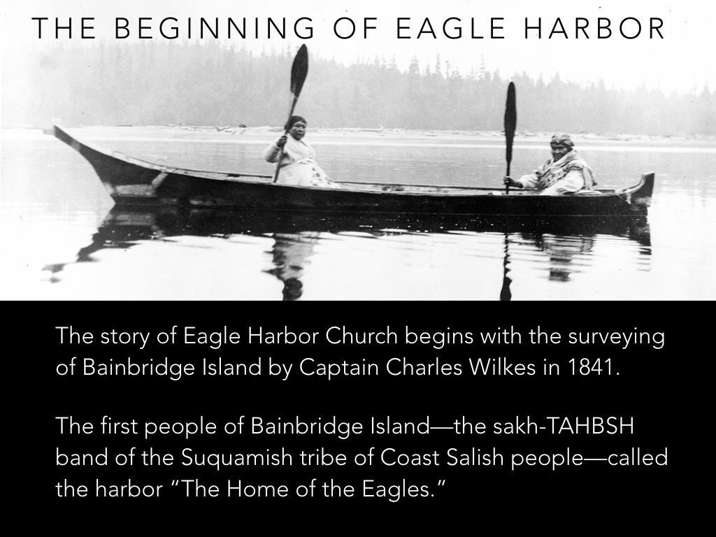 A black and white photo of two people in a boat titled the beginning of eagle harbor