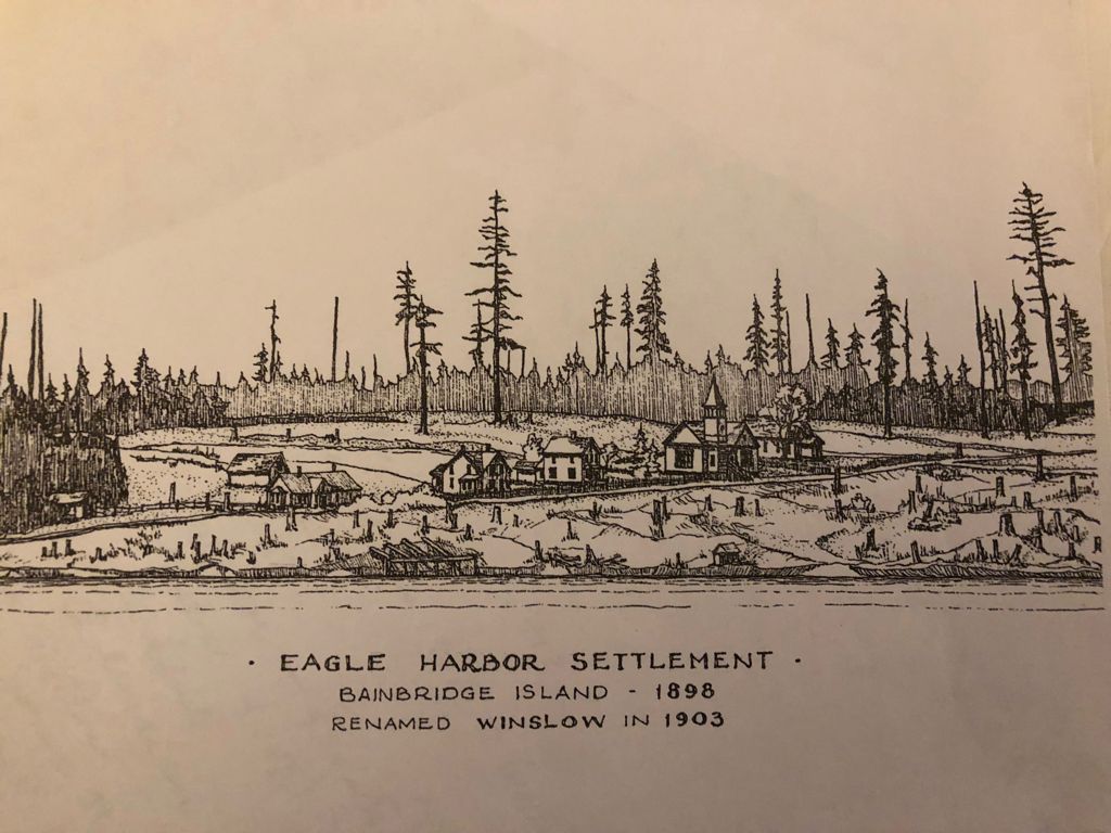 A black and white drawing of eagle harbor settlement