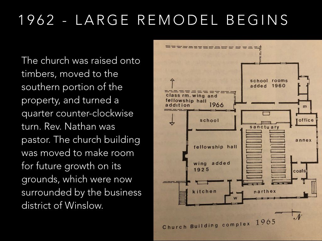 A black and white drawing of a church says 1962 large remodel begins