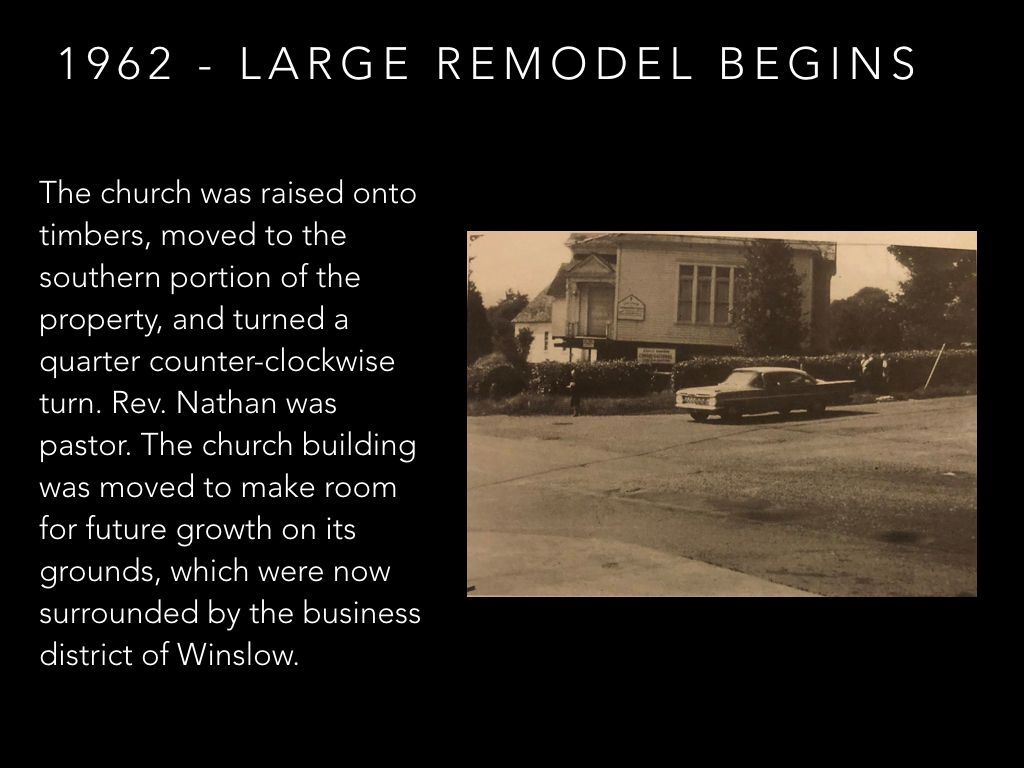 A black and white photo of a house that says 1962 large remodel begins