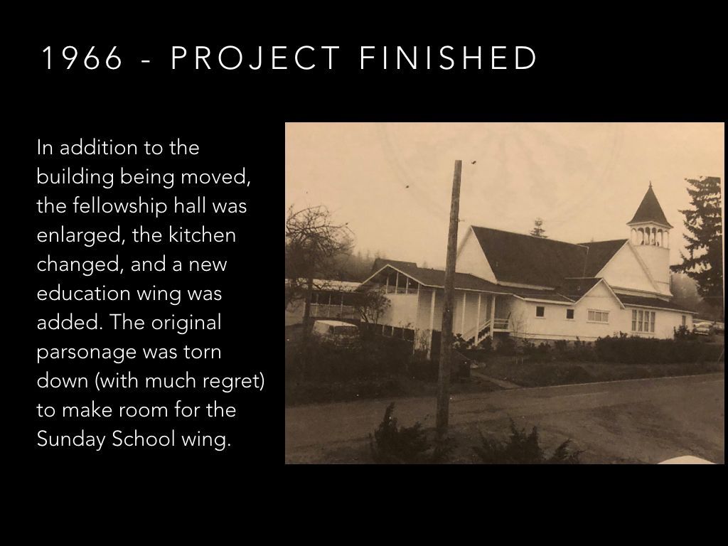 A black and white photo of a church with the caption 1966 project finished