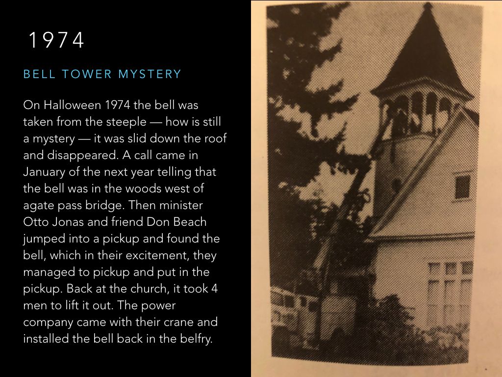 A black and white photo of the bell tower mystery in 1974