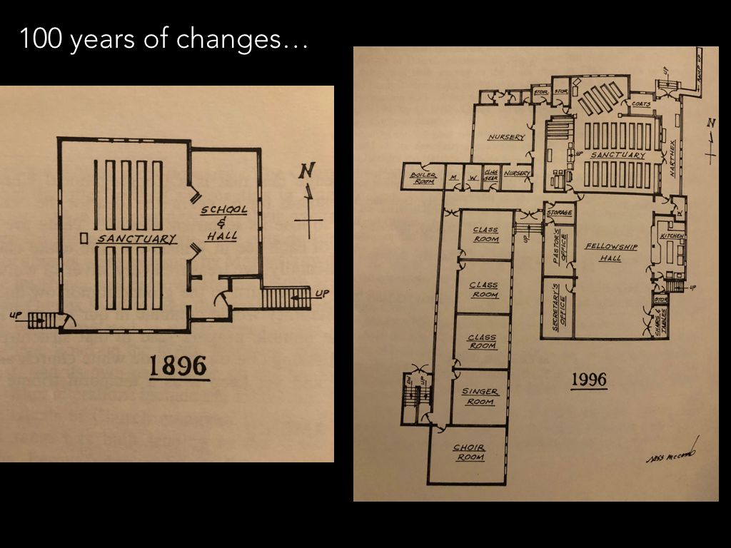 A black and white floor plan of a building from 1896 and 1915