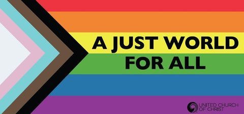 A rainbow flag with the words `` a just world for all '' written on it.