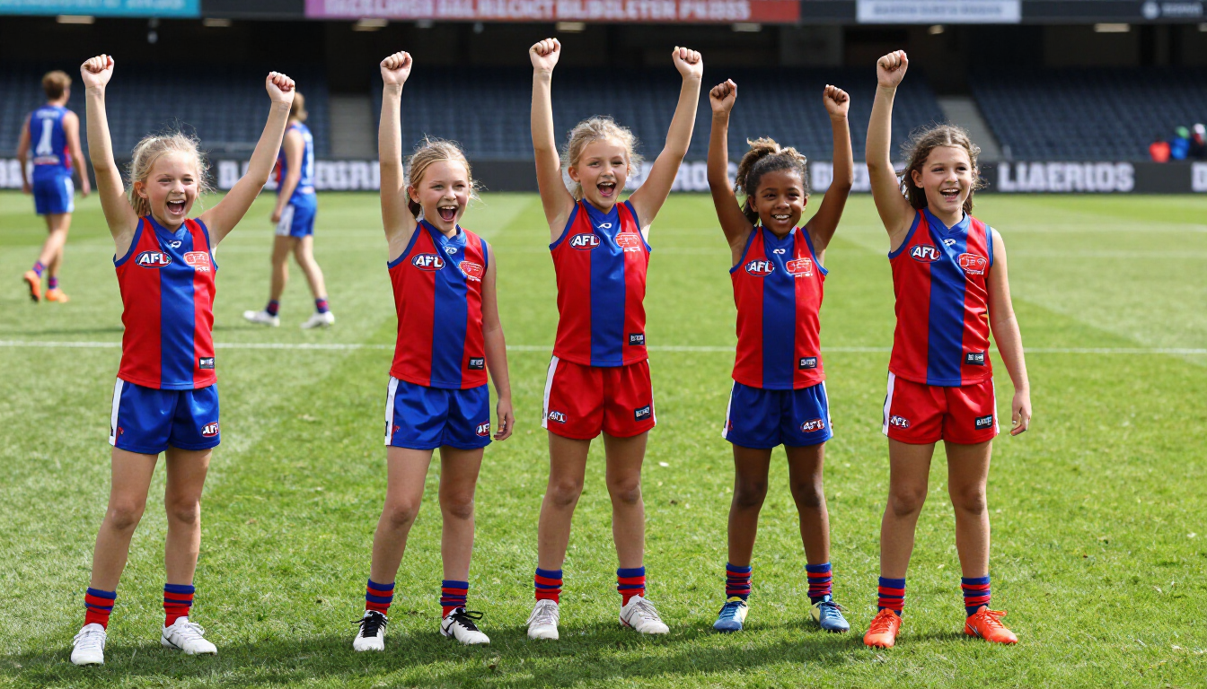 Enthusiastic girls AFL team cheering on the field.