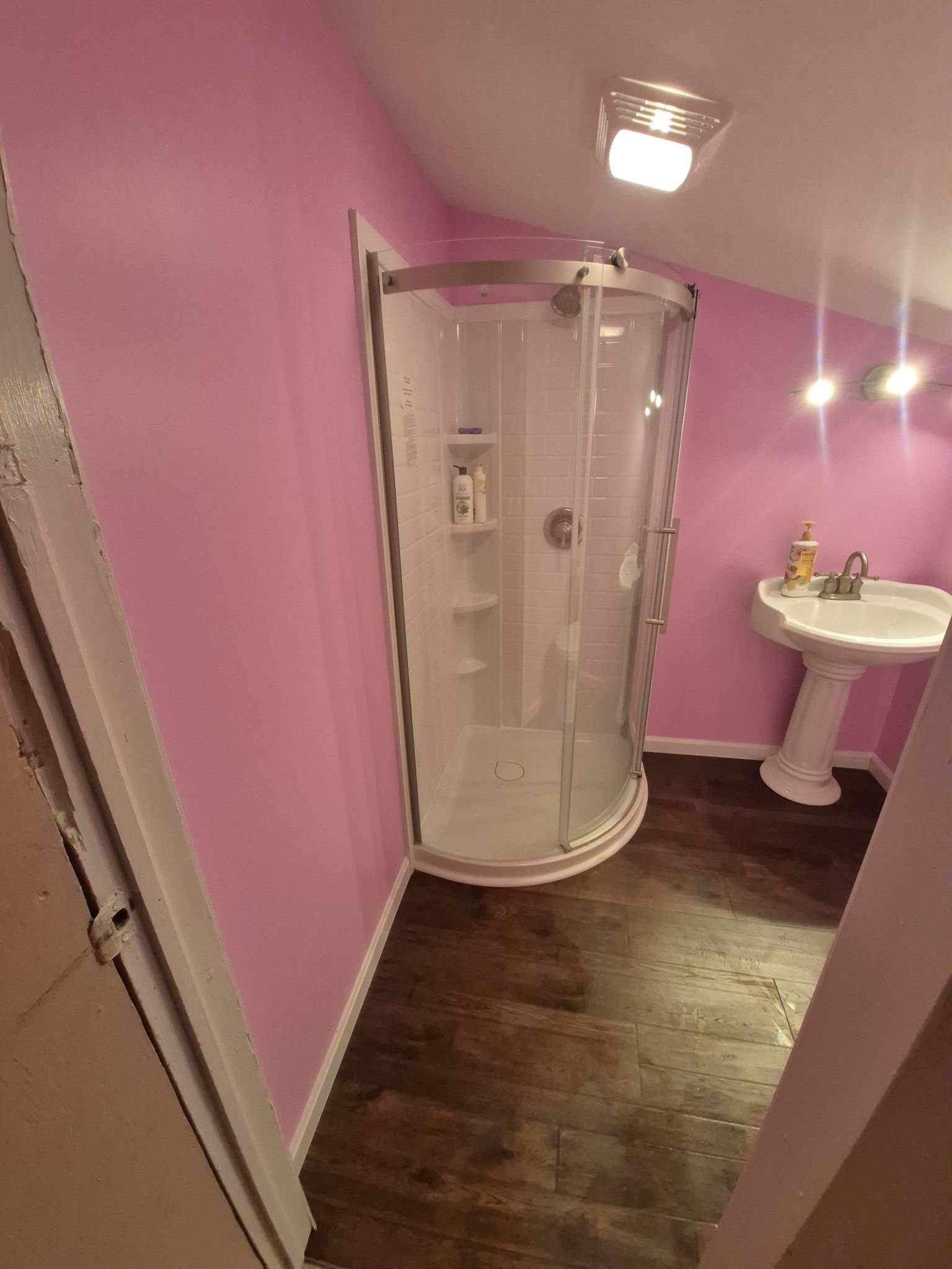 Pink bathroom with a curved glass shower, white sink, and dark wood floor.