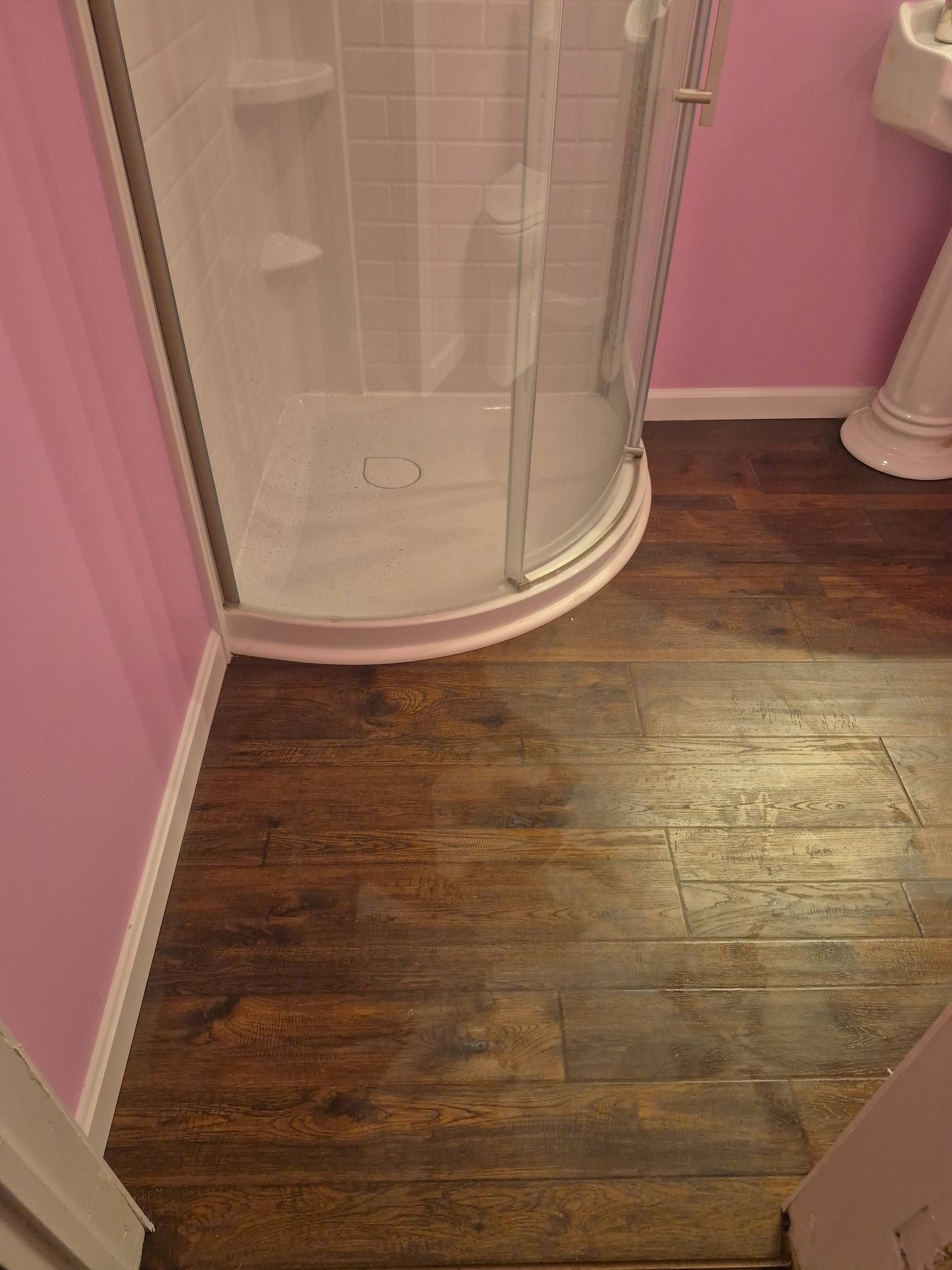 Pink room with a curved white shower enclosure and dark hardwood floor.