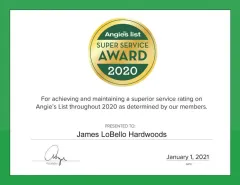 A certificate that says angles list super service award 2020