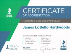 A certificate of accreditation for james lobello hardwoods