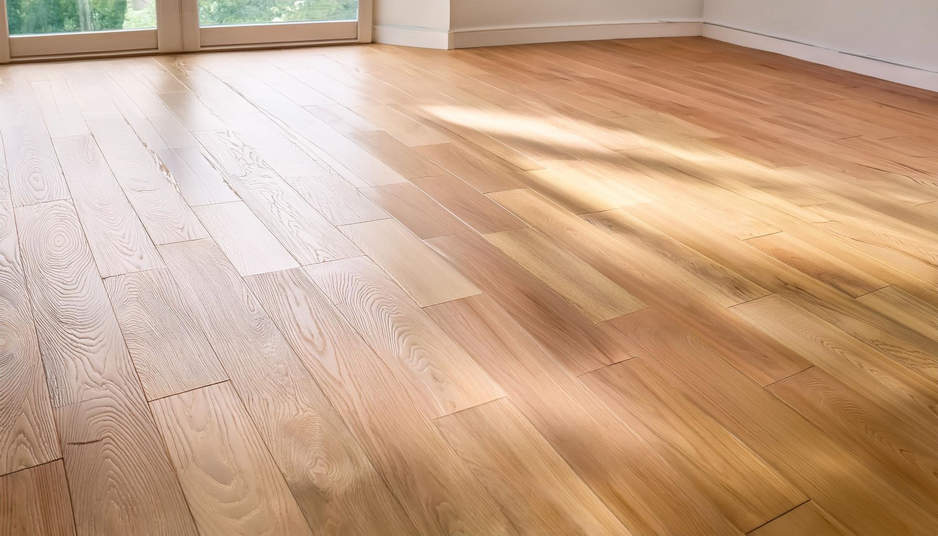Sunlit empty room with light wood floor and large windows at the far end