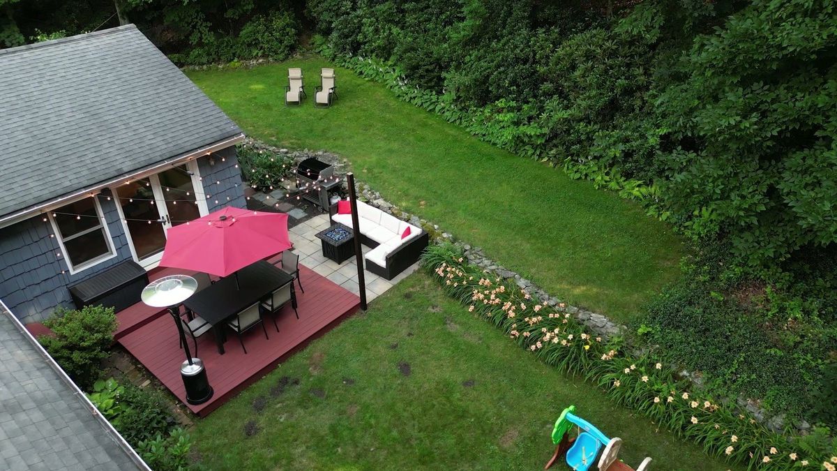 Aerial view of the deck and outdoor dining area