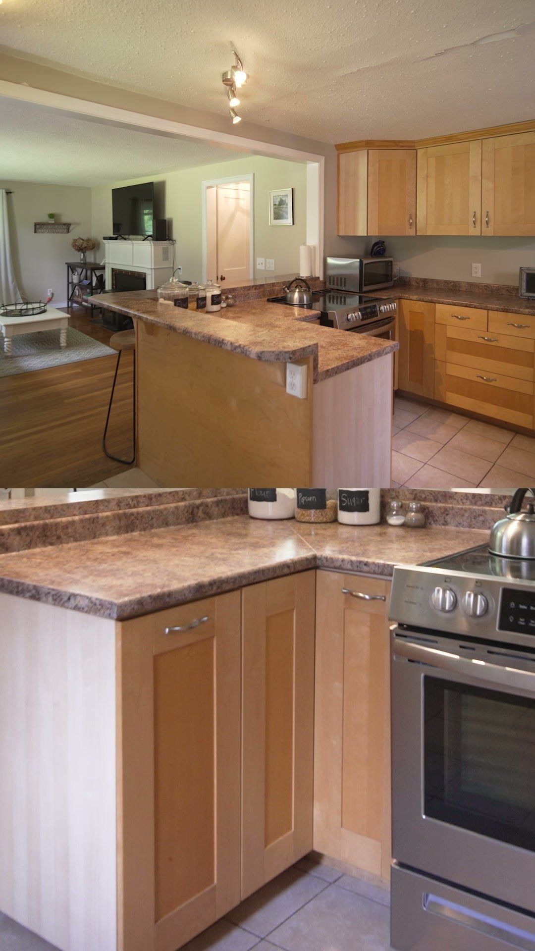 Kitchen cabinets and an island in the vertical property tour