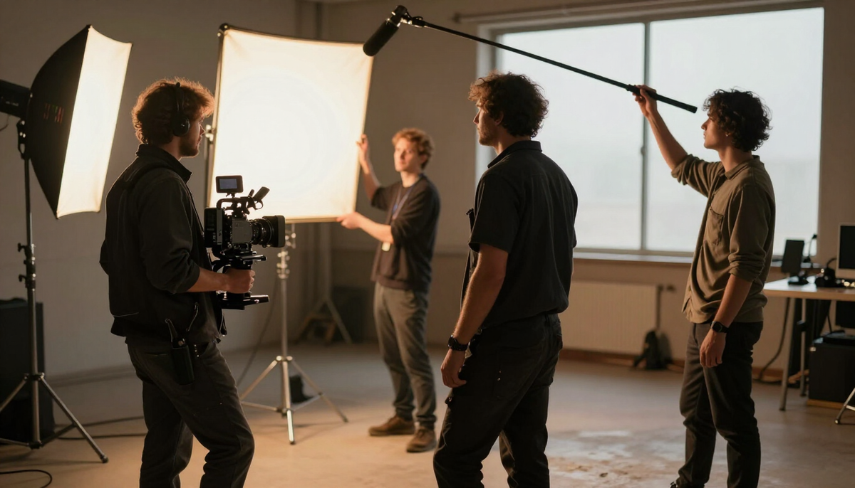 A small production crew working on a warmly lit set with a camera operator, a light stand and a sound person