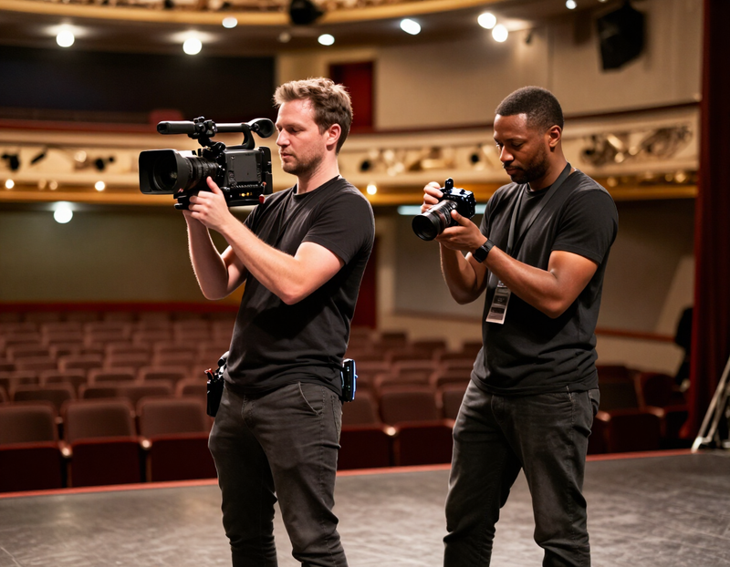A camera operator and a photographer preparing equipment beside a stage with lights