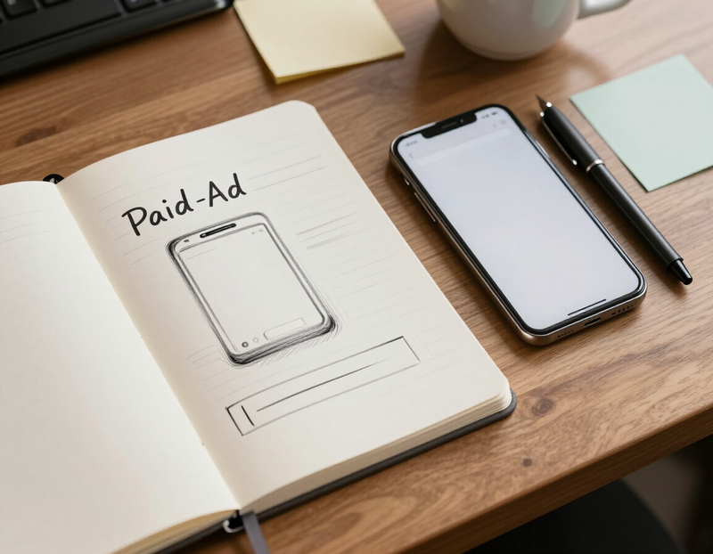 Illustration of a marketer's desk with an ad concept sketched on a notepad