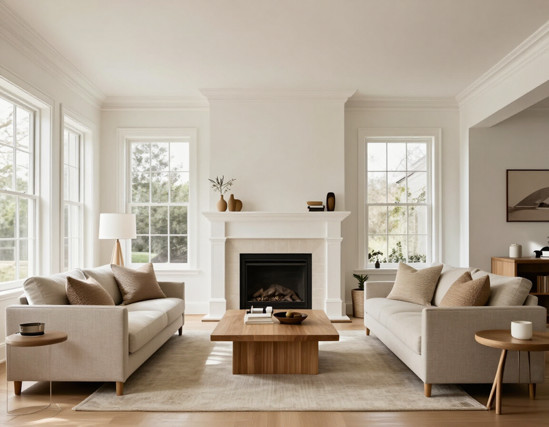 Illustration of a bright, staged living room shot wide